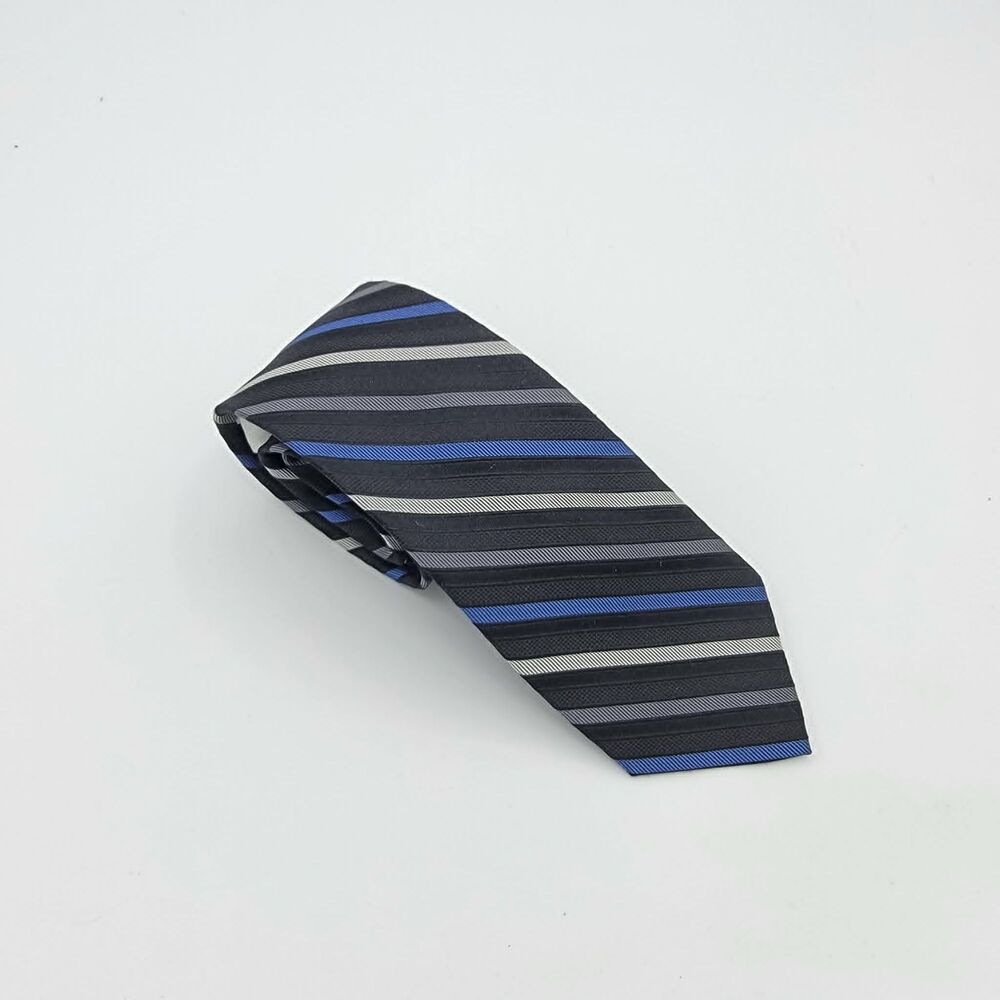 Calvin Klein Tie Mens Black Blue Silver Striped Silk Pointed Necktie 53 x 2.5